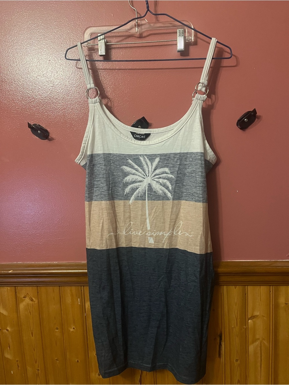 chicme Palm Print Stripe Tank Dress in White & Navy
